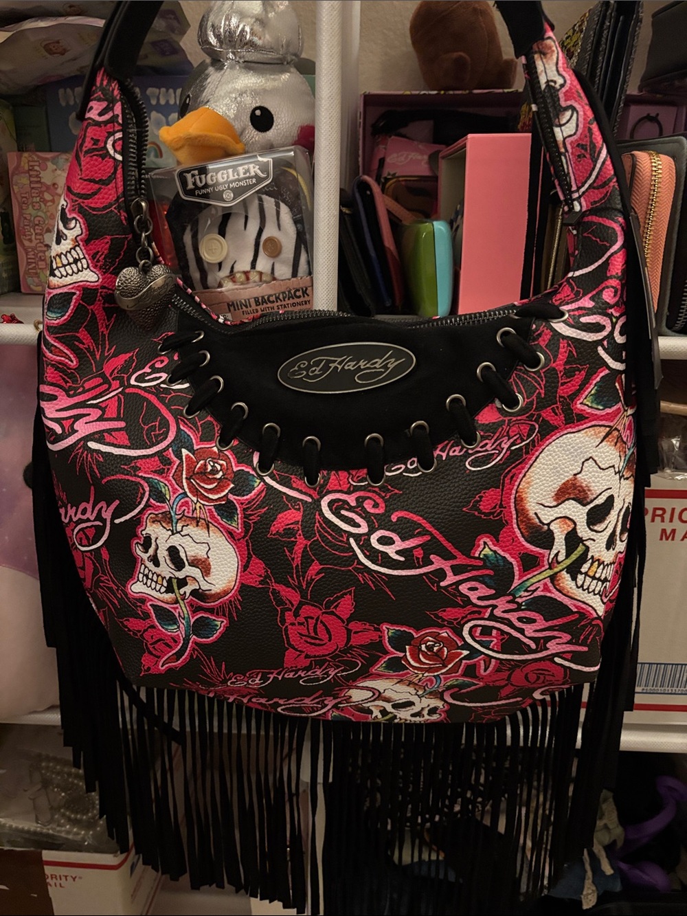 Ed Hardy skull and rose tattoo print fringe hobo shoulder bag NWT